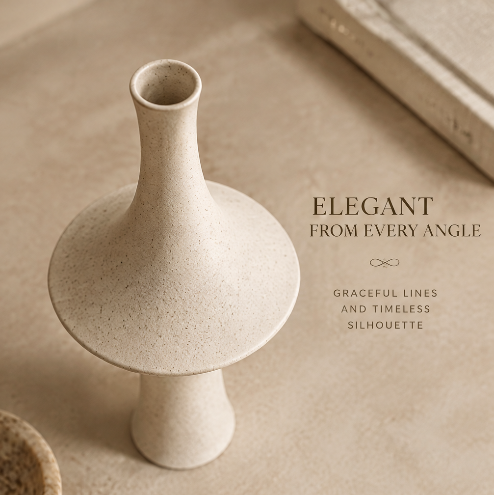 Top view of the speckled ceramic vase showing its round opening, slender neck, and broad shoulder