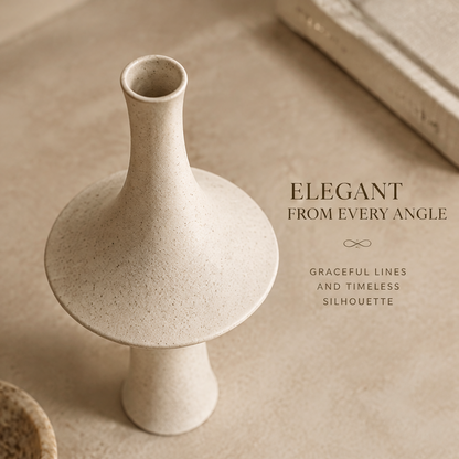 Top view of the speckled ceramic vase showing its round opening, slender neck, and broad shoulder