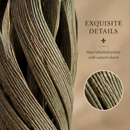Close-up of hand-finished ridged texture on the olive green vase's curved openwork sections