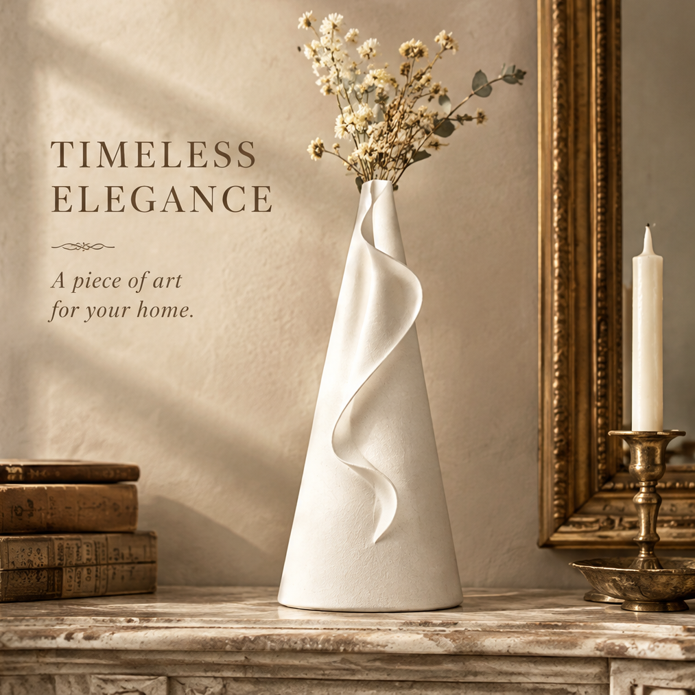 Sculptural ribbon ceramic vase styled with dried stems beside books and a candleholder