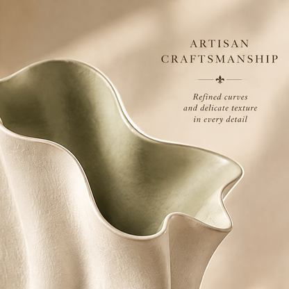 Close-up of the vase's undulating rim showing a textured cream exterior and smooth sage-toned interior