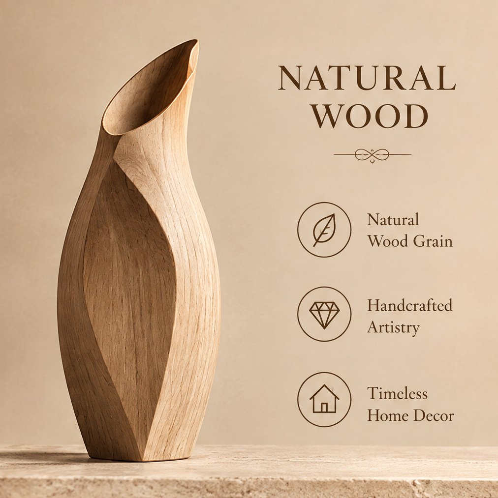 Close-up of the angled oval rim and flowing wood-grain curves of the wooden vase.