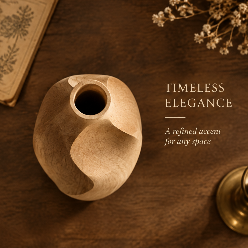 Top view of the natural wood twist vase showing its round opening and curved shoulders