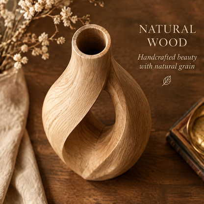 Top view of the wooden sculptural vase showing its round neck opening and open-center design