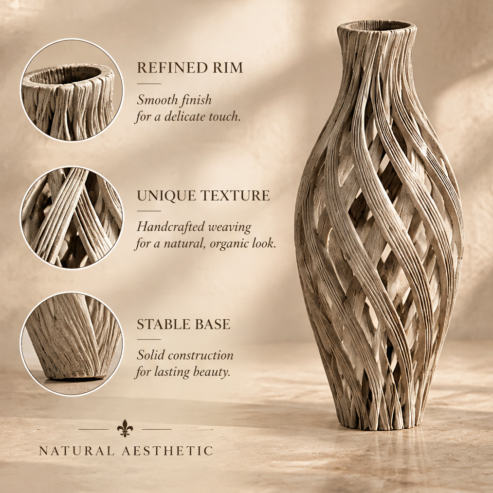 Full view of a cream and taupe woven openwork ceramic vase with interlacing curves and a narrow neck