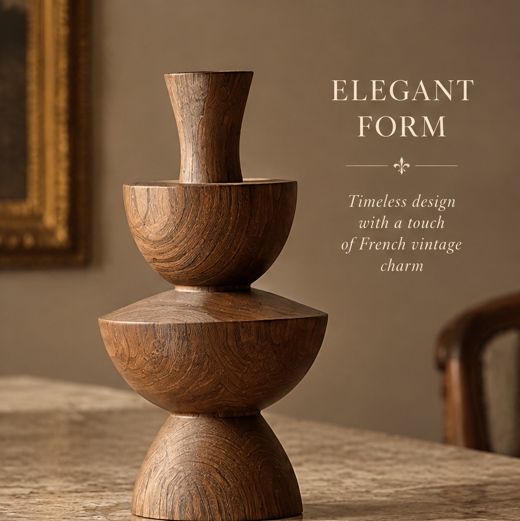 Brown wooden tiered vase with rounded stacked forms, a flared neck, and visible natural grain