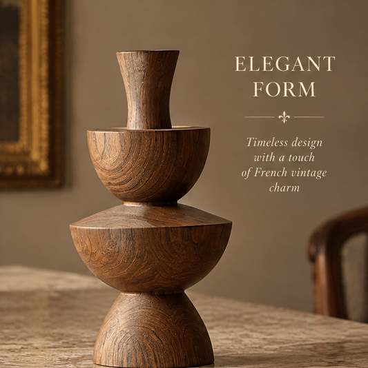 Brown wooden tiered vase with rounded stacked forms, a flared neck, and visible natural grain