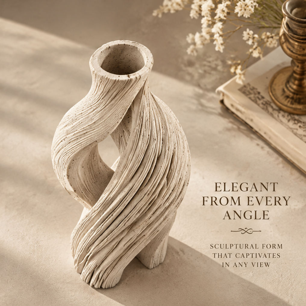 Angled top view of the cream open-loop vase showing its round neck opening and sculptural curves