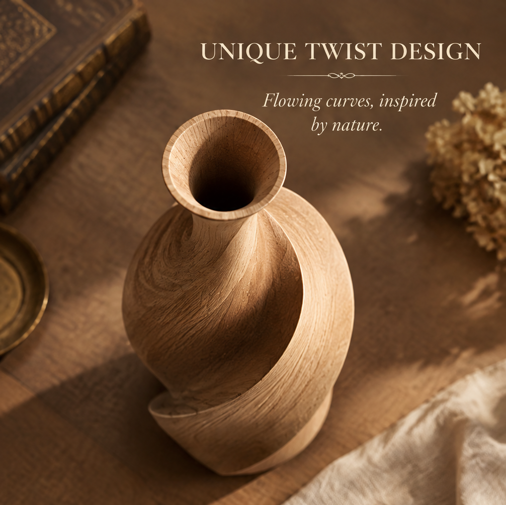 Top view of the wooden spiral vase showing its round opening and flowing twist design