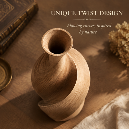 Top view of the wooden spiral vase showing its round opening and flowing twist design