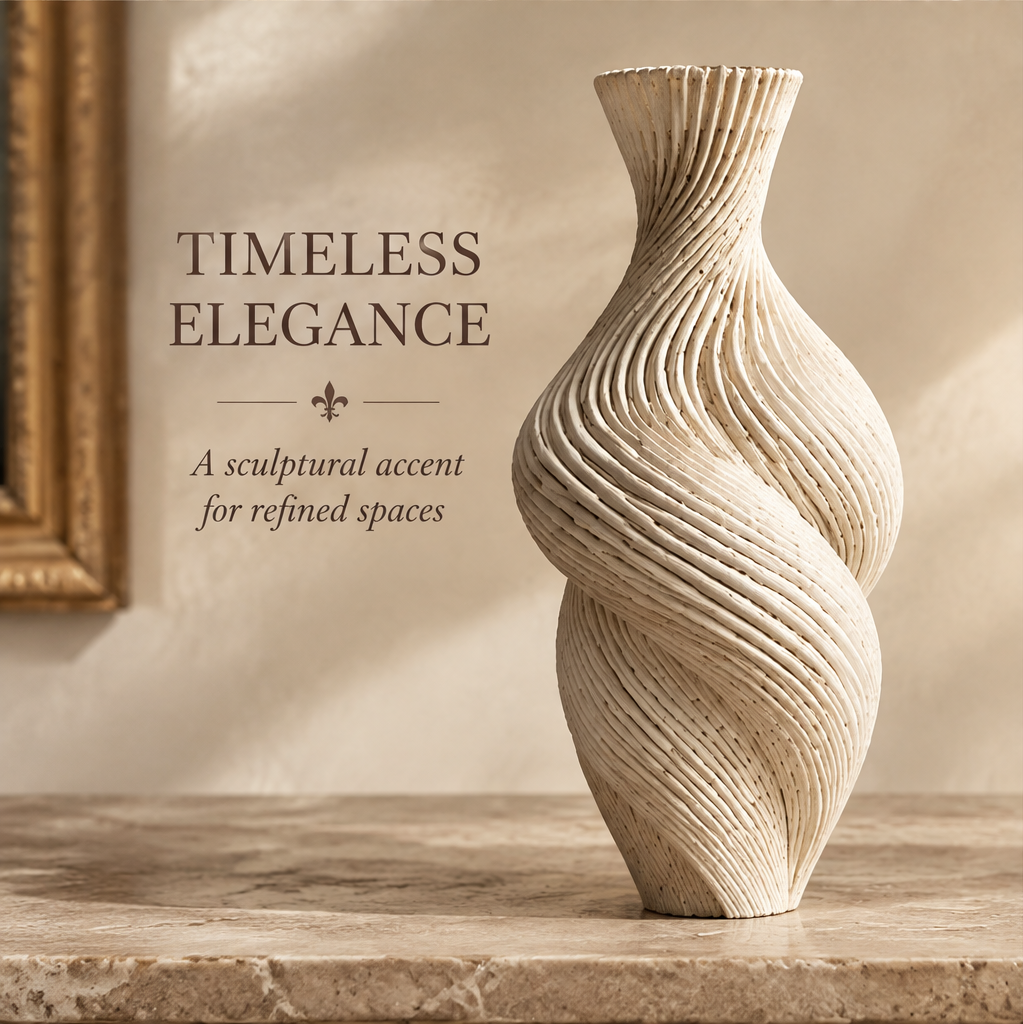 Cream ribbed twist vase shown in full view, with a flared neck and sweeping sculptural contours