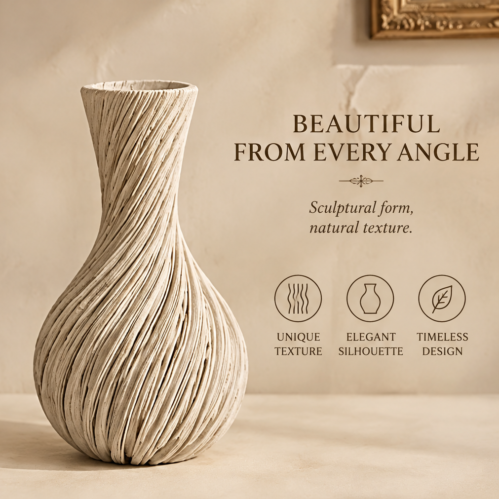 Cream spiral teardrop vase shown in full view with flowing ridges, a rounded base, and a flared neck