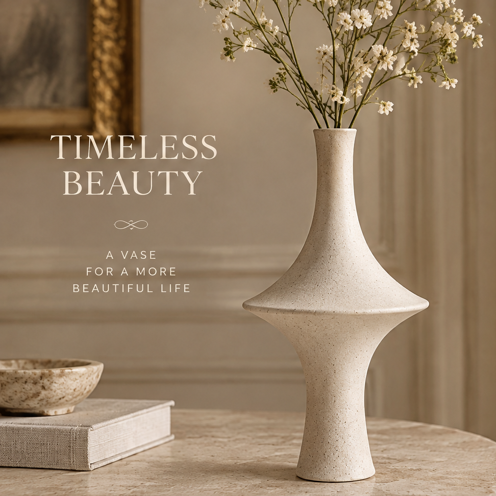 Cream speckled ceramic wide-shoulder vase with flowering stems, shown in full view beside books and a bowl