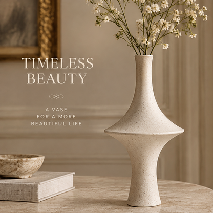 Cream speckled ceramic wide-shoulder vase with flowering stems, shown in full view beside books and a bowl