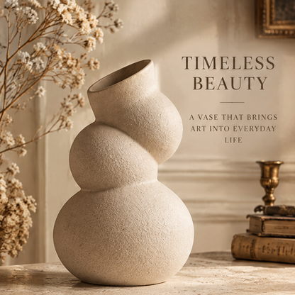 Sculptural cream ceramic bubble vase displayed on a tabletop beside books and flowering branches