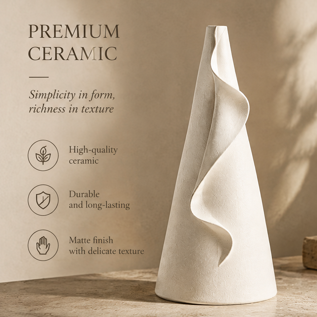 Full view of the cream ribbon vase showing its matte textured ceramic surface and tapered shape