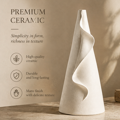 Full view of the cream ribbon vase showing its matte textured ceramic surface and tapered shape