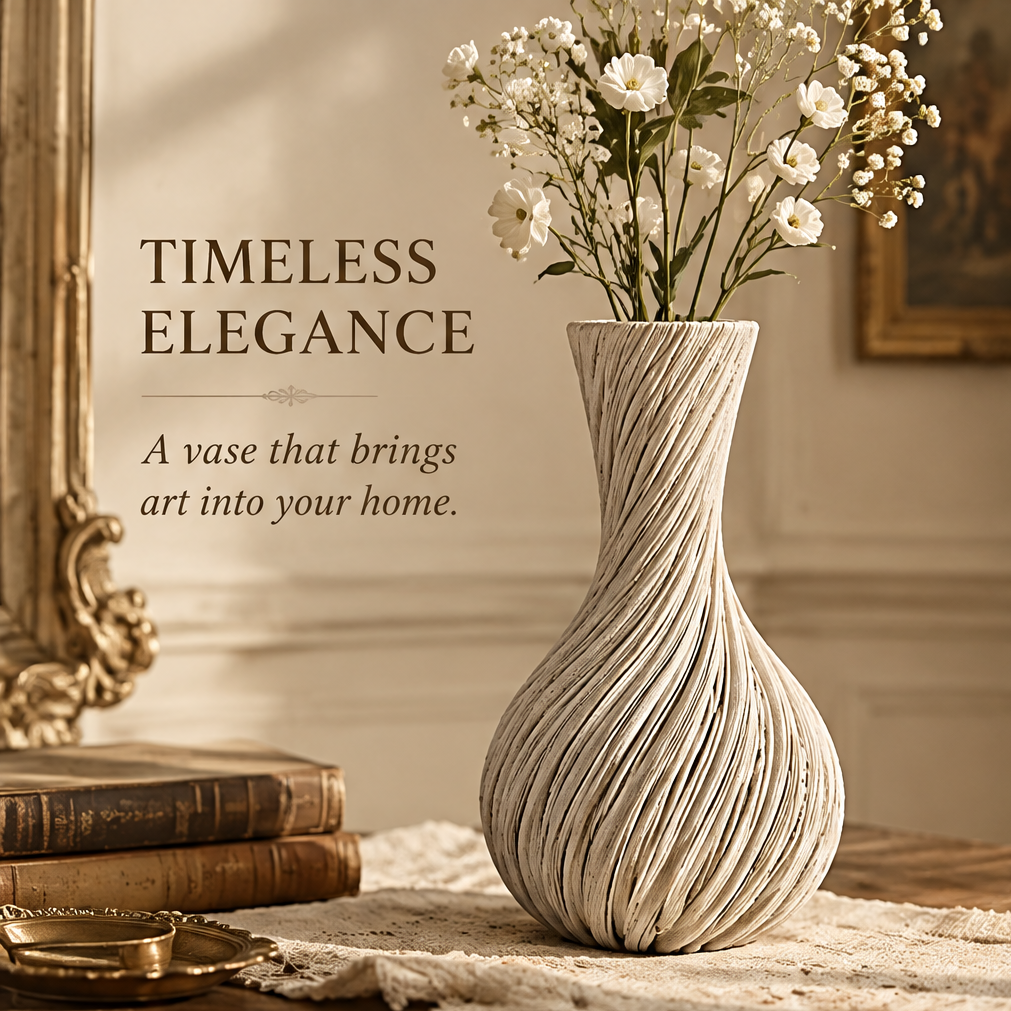 Cream spiral vase styled with white flowers beside books and a decorative tray