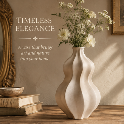 Cream sculptural wave vase styled with white flowers beside books and a decorative bowl