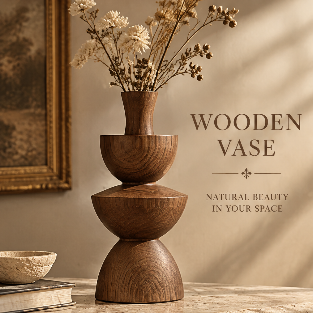 Tiered wooden vase styled with dried flowers beside books and a decorative bowl