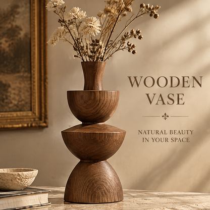 Tiered wooden vase styled with dried flowers beside books and a decorative bowl