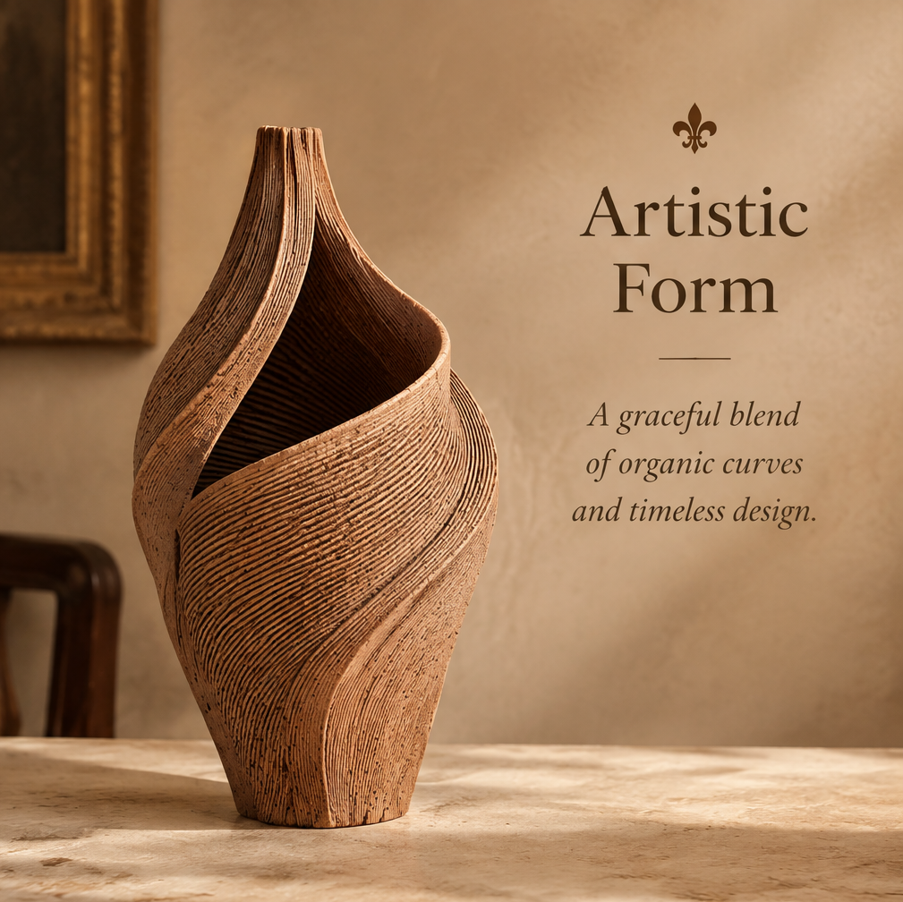 Brown sculptural vase shown in full view, with layered ridges and a sweeping open-swirl silhouette
