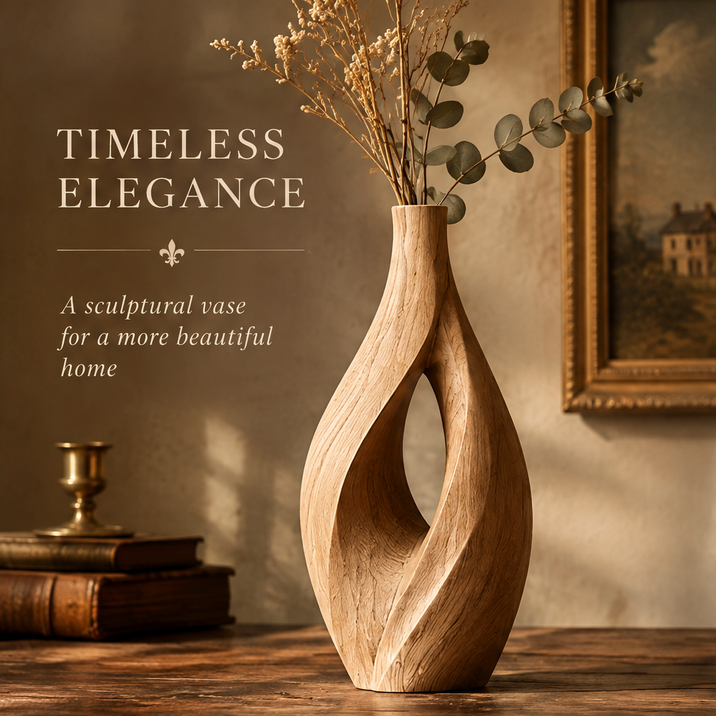 Open-center wooden vase styled with dried stems and leafy branches beside books and framed artwork