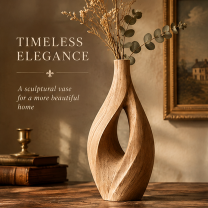 Open-center wooden vase styled with dried stems and leafy branches beside books and framed artwork