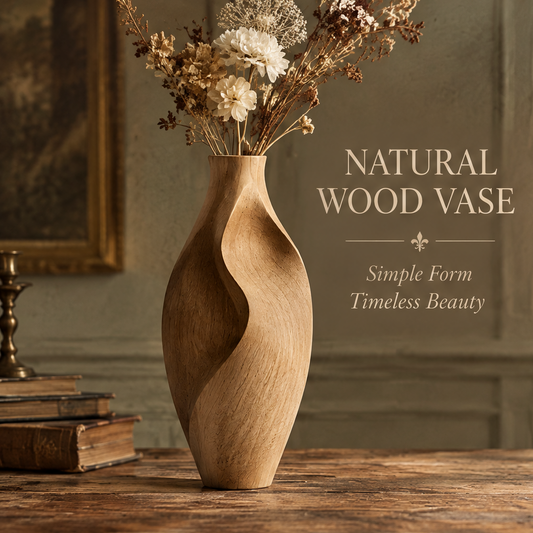 Natural wood twist vase styled with dried flowers on a wooden table