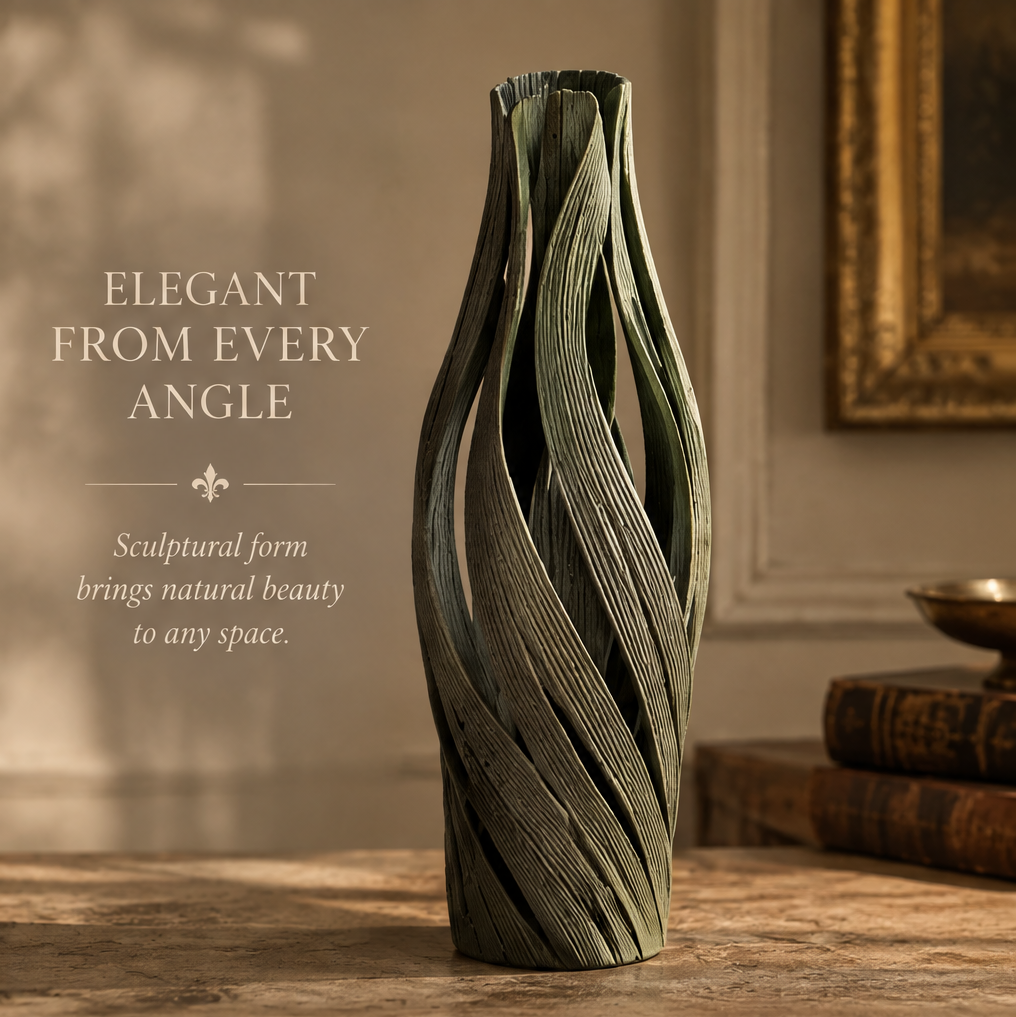 Olive green openwork twist vase shown in full view, with sweeping ribbed sections and elongated openings