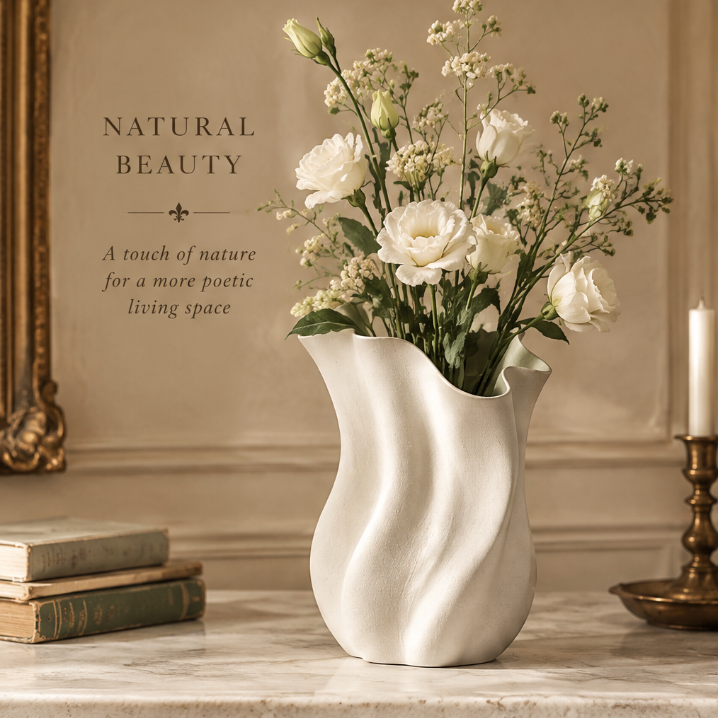 Cream wave vase with white flowers displayed on a console beside books and a candleholder