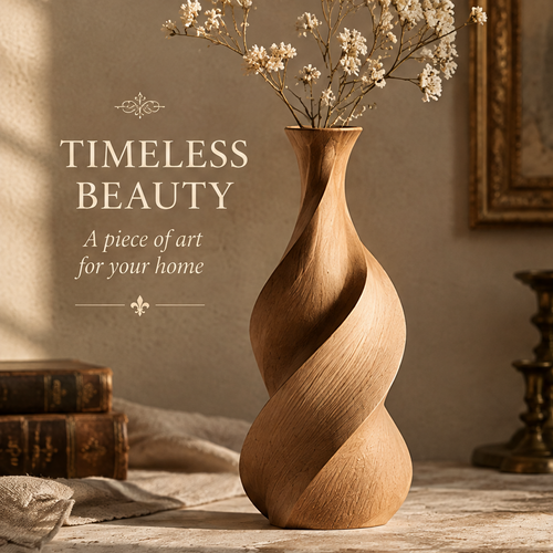 Spiral wood vase with dried flowers displayed beside books and soft fabric on a tabletop