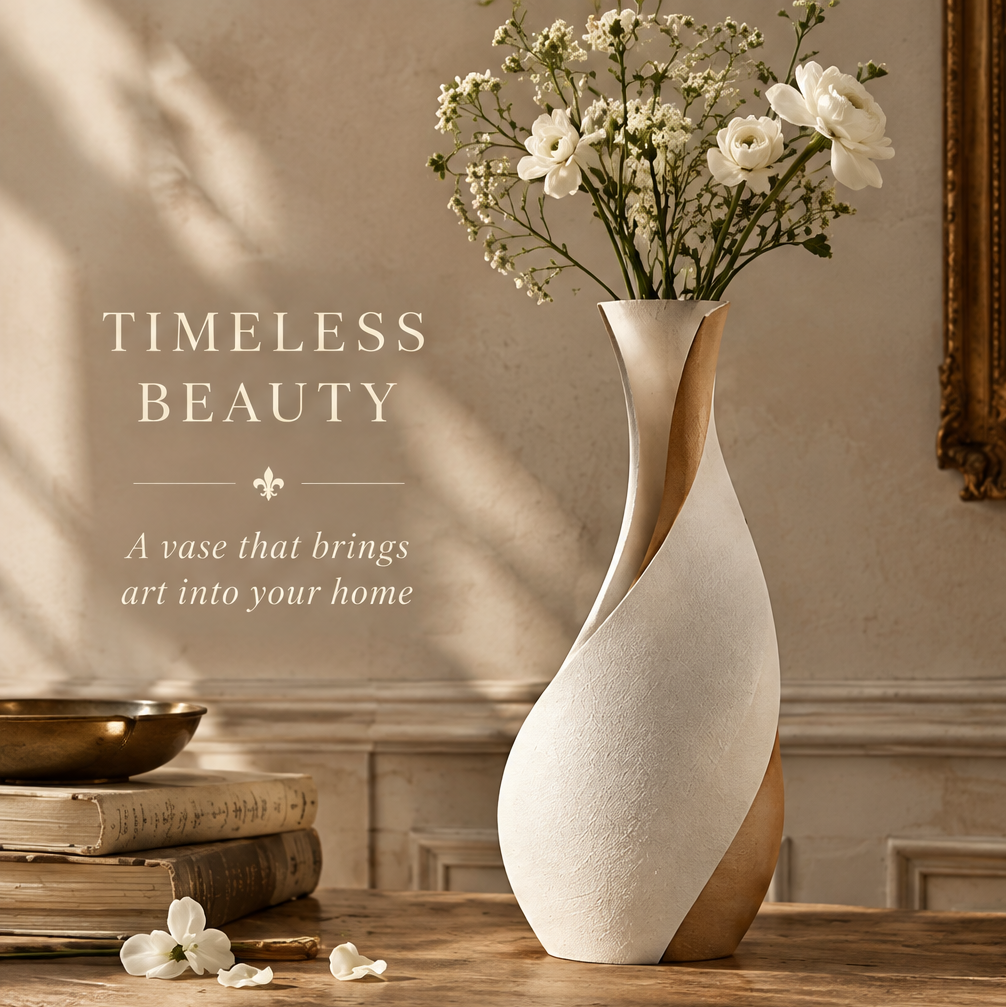 Cream and ochre two-tone twist vase shown in full view with white flowers beside stacked books
