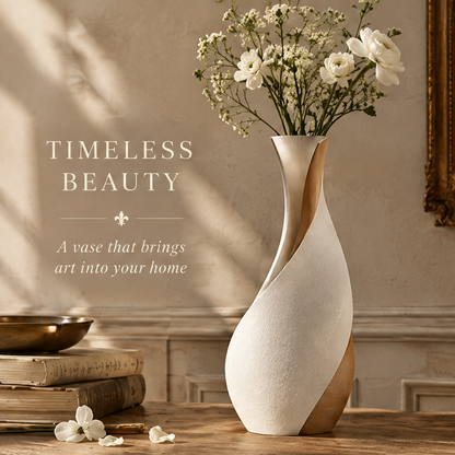 Cream and ochre two-tone twist vase shown in full view with white flowers beside stacked books