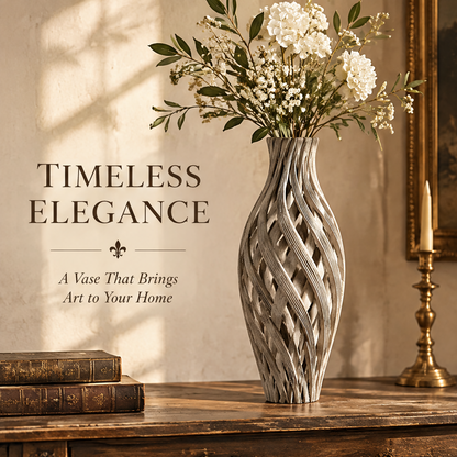 Woven openwork ceramic vase styled with white flowers beside books and a brass candleholder