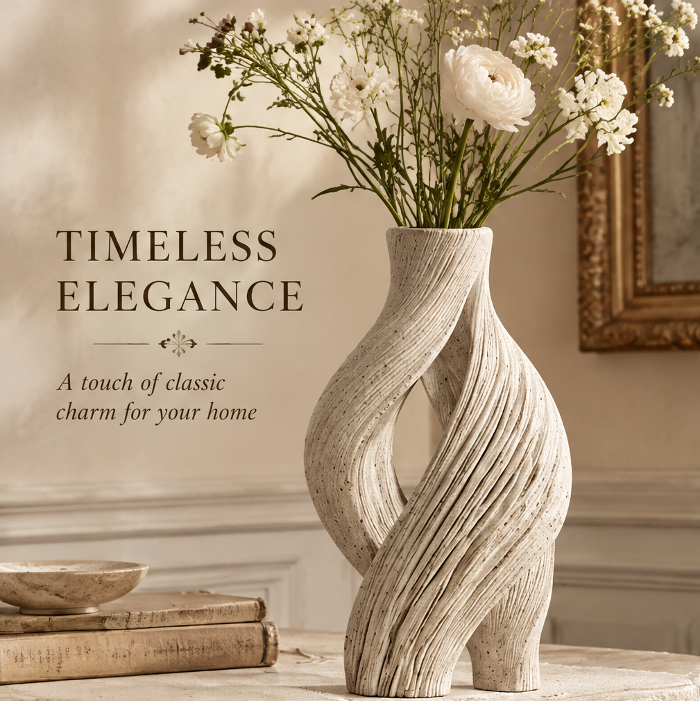 Cream open-loop vase styled with white flowers beside books and a decorative bowl